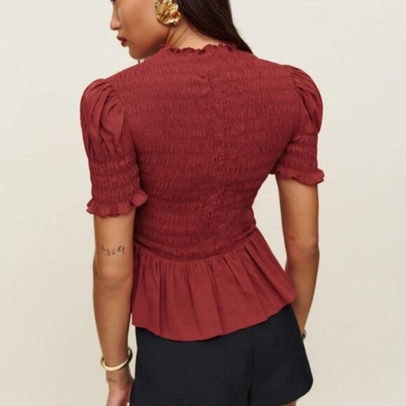 NEW Reformation Aggie Short Sleeve Top Rubies Dark Red Smocked Top | size XS - Picture 3 of 11